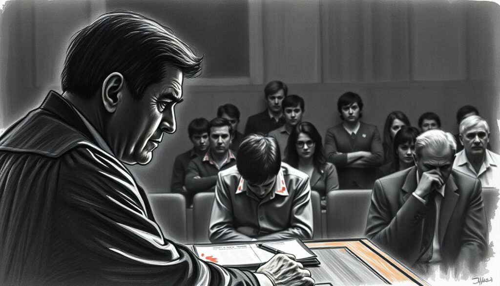 A somber courtroom scene set in muted tones of black and white, with punctuated splashes of color. In the foreground, a stern-faced judge presides over the proceedings, their features etched in shadow. In the middle ground, the defendant, head bowed, sits solemnly, the weight of their alleged crimes palpable. The background is a haze of anxious spectators, their expressions obscured, leaving the viewer to focus on the gravity of the situation. The lighting is low and dramatic, casting long shadows that lend an air of tension and unease. The scene conveys the solemn nature of a child abuse trial, where the stakes are high, and the consequences profound.
