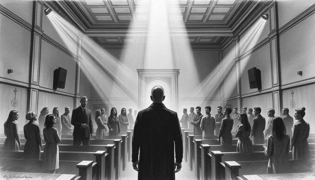 A somber courtroom scene unfolds, the air thick with tension. In the center, a lone figure stands accused, a haunted expression etched upon their face. Shadowy silhouettes of observers fill the benches, their gazes piercing and unforgiving. Shafts of muted light cast an eerie glow, highlighting the gravity of the proceedings. The walls, rendered in stark black and white, lend a sense of formality and finality. Splashes of color, like the red of a gavel or the blue of a uniform, punctuate the scene, underscoring the weight of the charges. This is a moment of reckoning, a fall from grace, a transition from rock star to convicted offender.