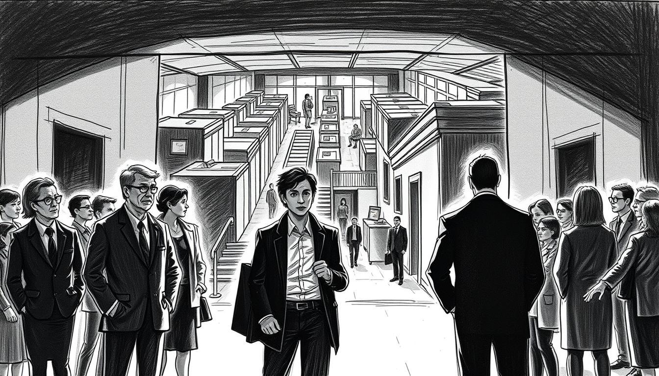 A somber illustration of government agencies and ministries facing the aftermath of planned layoffs, captured in a chiaroscuro sketch. In the foreground, figures of bureaucrats stand with expressions of concern, their forms rendered in stark shades of black and white. The middle ground reveals a maze of corridors and office spaces, their architectural details picked out with careful linework and occasional splashes of color. In the background, a sense of unease pervades as the scale of the impending changes looms. The lighting is dramatic, casting deep shadows and highlighting the gravity of the situation. The overall mood is one of uncertainty and apprehension, reflecting the impact of the decisions being made.