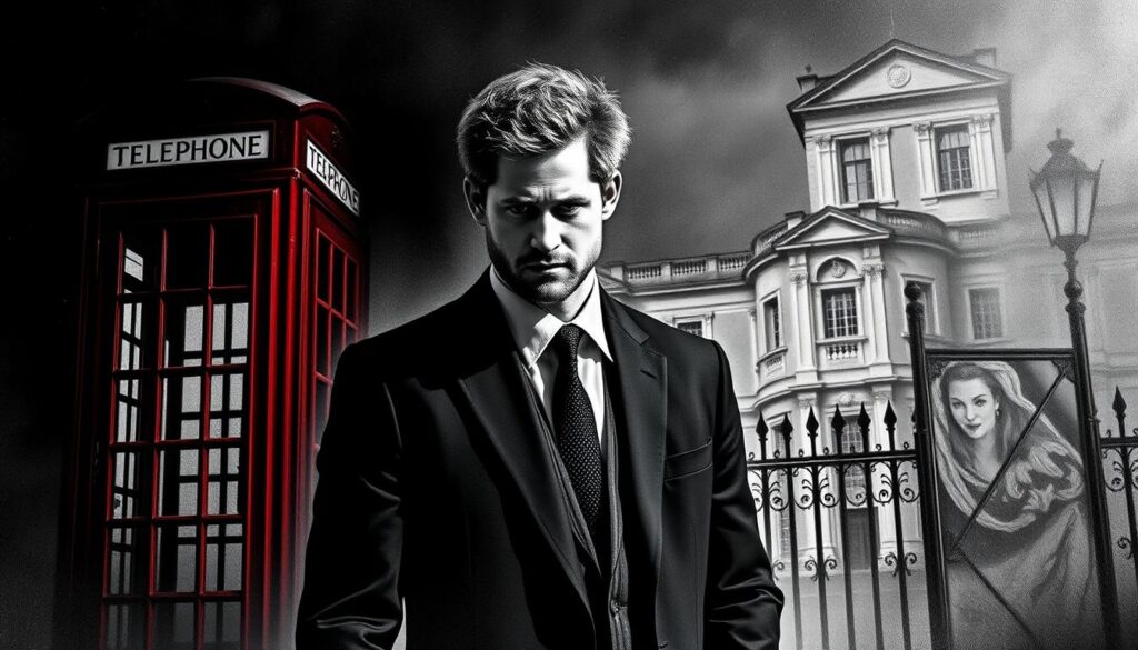 A somber, pensive Prince Harry, dressed in a dark suit, stands alone against a backdrop of the towering walls of Buckingham Palace, the iconic British royal residence. The scene is rendered in a striking black and white palette, with only the occasional splash of color, such as the vibrant red of a telephone booth or the gleam of a brass knocker on a wooden door. The lighting is moody and atmospheric, casting deep shadows that convey a sense of melancholy and reflection. The overall tone is one of a significant personal and public rupture, as the prince navigates his decision to step away from the royal family.