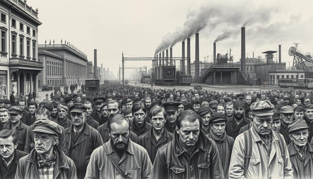 A somber scene of the Great Depression's impact on the Weimar Republic. In the foreground, a vast crowd of dejected, unemployed workers in worn clothes, faces etched with despair. The middle ground captures the crumbling infrastructure - boarded-up storefronts, abandoned factories, and idle machinery. The background depicts a bleak, overcast sky, casting a sense of hopelessness over the entire landscape. Rendered in muted tones of graphite, with pops of color highlighting the humanity struggling against the relentless economic forces. A harrowing glimpse into the darkest chapter of the Weimar era.