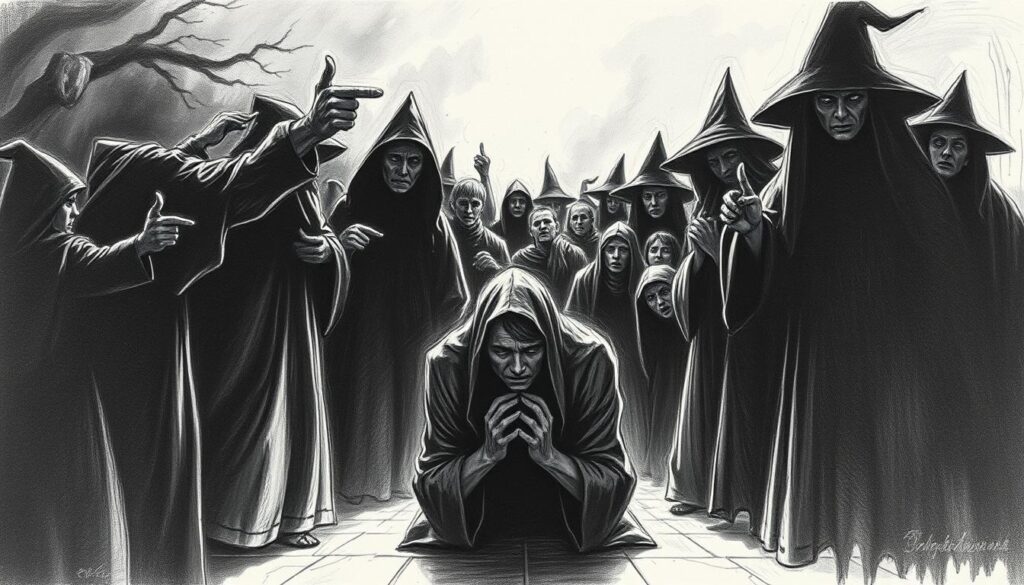 A somber scene of the victims of the witch trials, rendered in stark black and white with subtle bursts of color. In the foreground, a group of fearful, accusatory figures pointing fingers, casting shadows upon a central figure cowering in despair. The middle ground reveals the anguished faces of those condemned, their expressions etched with terror. The background fades into a hazy, ominous atmosphere, hinting at the oppressive forces that drove this dark chapter of history. Dramatic chiaroscuro lighting casts dramatic, angular shadows, heightening the sense of tension and foreboding. This powerful image captures the human toll of the witch hunts, a cautionary tale of fear, superstition, and the abuse of power.