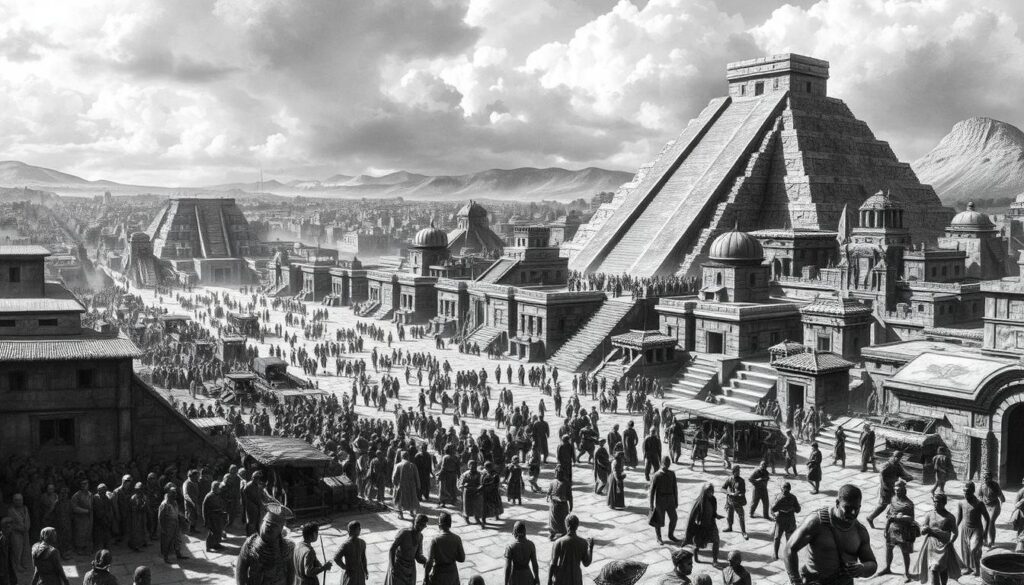 A sprawling Aztec city, its bustling streets and vibrant markets teeming with life. In the foreground, a diverse array of figures - farmers, merchants, artisans, and nobles - each represented in distinct dress and pose, reflecting the intricate social hierarchy of this ancient civilization. The middle ground depicts grand temples and ceremonial structures, their stone facades casting long shadows under a dramatic, high-contrast lighting. In the background, a towering pyramid dominates the skyline, its terraced sides hinting at the power and influence of the ruling class. Rendered in a striking black and white palette, with subtle splashes of color to highlight key details, this image captures the essence of Aztec society - its complexity, its contrasts, and its enduring legacy.