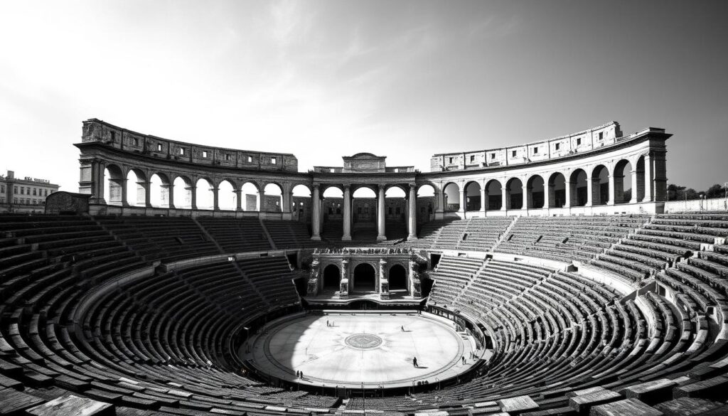 A sprawling Roman amphitheater stands proudly, its intricate arches and columns casting dramatic shadows across the scene. The central arena, once a stage for ancient spectacles, now lies empty, inviting the viewer's imagination to conjure the roar of the crowd and the clash of gladiators. The surrounding tiered seating, carved from sturdy stone, ascends gracefully, hinting at the grandeur of bygone entertainment for the masses. Shades of grey and black dominate the image, punctuated by the occasional burst of color - a vibrant mosaic, a glint of bronze, or the warm glow of torchlight. This captivating architectural wonder, a testament to Roman ingenuity and the enduring appeal of public spectacle, takes center stage, inviting the viewer to step back in time and experience the thrill of the amphitheater.