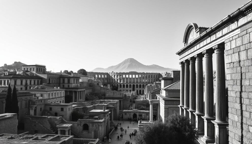 A sprawling Roman city, its architecture a testament to the ingenuity of ancient urban planning. Towering columns and arches, carved from stone, cast long shadows across the bustling streets. Intricate mosaics and frescoes adorn the facades, hinting at the vibrant cultural tapestry that once thrived here. In the distance, the silhouette of a grand amphitheater rises, a symbol of the city's civic pride and thirst for entertainment. The scene is rendered in a moody black and white palette, with selective bursts of color highlighting the most intricate details - the pattern of a mosaic, the sharp edge of a cornice, the weathered texture of an ancient wall. This is Pompeii, a crucible of ancient knowledge, now a canvas for modern research and understanding.