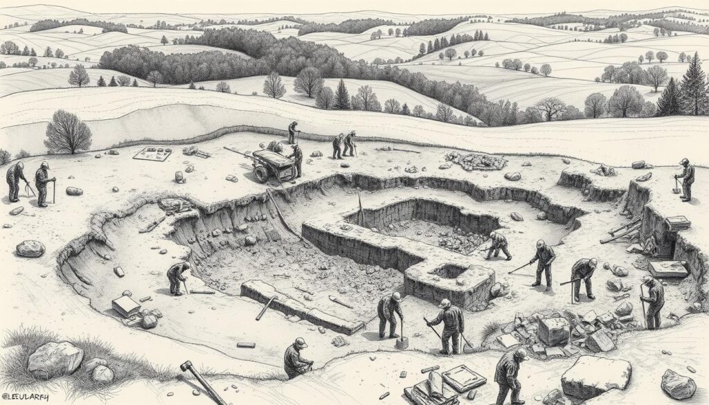 A sprawling archaeological site nestled in the rolling hills of Drelsdorf, Germany. Excavators painstakingly uncover the remnants of an ancient Neanderthal settlement, their tools and techniques captured in detailed graphite sketches. Muted tones of grey and sepia dominate the scene, punctuated by the vibrant hues of weathered artifacts and the occasional burst of color from a researcher's notebook. The composition balances the stark contrast of the open-air dig site with the meticulous, methodical work of the international team, hinting at the groundbreaking discoveries that lie buried within the earth.