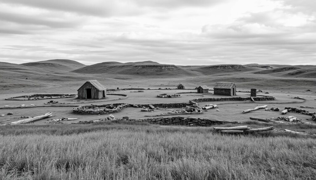 A sprawling archaeological site nestled in the rugged Newfoundland landscape, L'Anse aux Meadows stands as a testament to the Viking exploration of North America. Imagine a scene where the earth yields its secrets - weathered sod buildings, half-buried remnants of forges and workshops, scattered artifacts that whisper of a distant past. Capture the monochrome palette of this historic place, with the occasional splash of color hinting at the vibrant cultures that once thrived here. Depict the gentle play of light and shadow across the undulating terrain, as if the very land remembers the footsteps of those intrepid voyagers. Convey a sense of discovery, of unearthing the tangible proof of a chapter in history long obscured, now finally brought to life.
