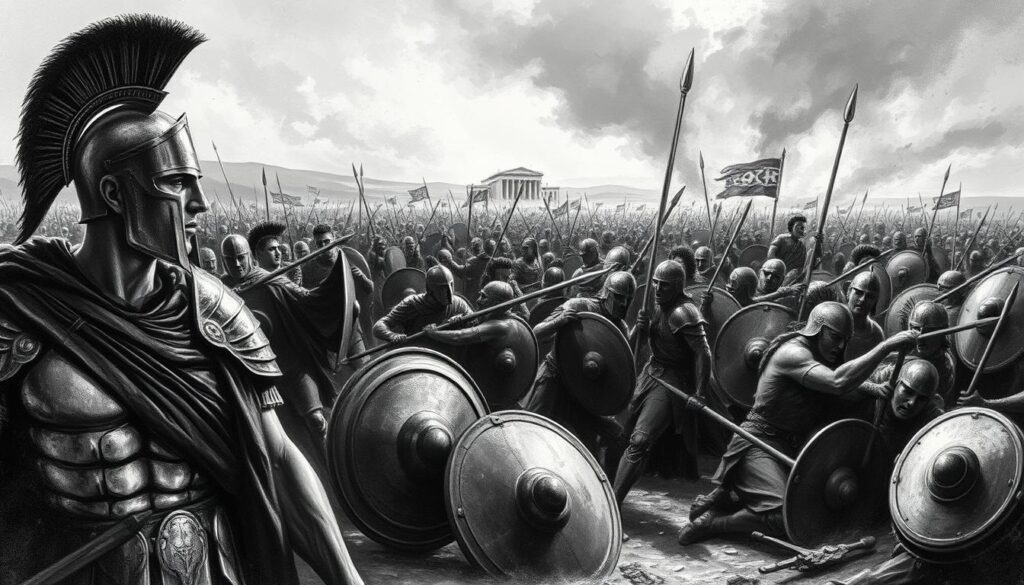 A sprawling battlefield, the Peloponnesian War rages on. Spartan hoplites, their bronze armor glinting in the dim light, clash with Athenian forces in a clash of ancient titans. The earth trembles beneath the weight of clashing shields and the cries of the fallen. In the foreground, a Spartan commander, his face etched with determination, leads his men into the fray. The middle ground is a maelstrom of combat, with spears and swords flashing. In the background, the silhouettes of distant hills and the smoky haze of battle lend an ominous atmosphere. Rendered in a striking black and white palette, with subtle splashes of color highlighting key elements, this scene captures the raw power and brutal elegance of this pivotal moment in ancient Greek history.