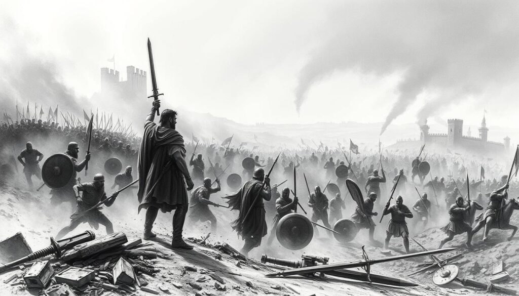 A sprawling battlefield, the once-mighty Assyrian Empire crumbling before the onslaught of invading forces. Smoke and dust cloud the scene, as proud soldiers struggle against an overwhelming tide. In the foreground, a lone warrior stands resolute, his sword raised in a final, defiant gesture. Surrounding him, the debris of a shattered civilization - overturned chariots, fallen spearmen, the remnants of a once-formidable army. The middle ground reveals the larger scope of the conflict, with clashing armies locked in mortal combat, their movements captured in a stark, monochromatic palette, save for the occasional flash of color - the gleam of a blade, the crimson of spilled blood. In the distance, the silhouettes of city walls and towers, the last vestiges of Assyrian power, succumbing to the relentless onslaught. The overall atmosphere is one of melancholy, of a proud civilization's demise, rendered in a dramatic, expressionistic style.