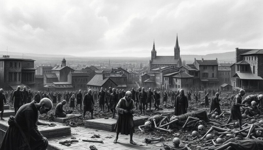 A sprawling city under a somber gray sky, its once-vibrant streets now shrouded in a veil of melancholy. Skeletal figures stumble through the desolate landscape, their hollow eyes reflecting the sheer devastation of the Plague's relentless march. In the foreground, a lone mourner kneels, their face buried in their hands, a striking burst of color amidst the monochrome scene. The middle ground is a cacophony of anguish - abandoned buildings, piles of the dead, and a sense of overwhelming despair that permeates every corner. In the distance, a lone church spire stands as a faint beacon of hope, its outline fading into the mist. This haunting image captures the demographic upheaval and profound human tragedy of the Black Death, a stark reminder of the fragility of life in the face of such unbridled calamity.