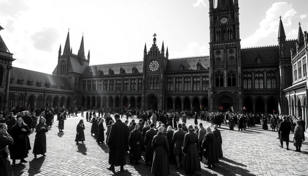 A sprawling, gothic-style structure stands tall, its ornate facades and soaring towers casting long shadows across a cobblestone courtyard. Figures in period dress gather in tense clusters, their expressions a mix of defiance and unease. Sunlight filters through stained glass windows, illuminating the scene with an air of solemnity and conflict. The Wormser Reichstag, a nexus of political and religious upheaval, is rendered in a stark, monochromatic palette, with only the occasional flash of color - a banner, a robed figure - to punctuate the somber atmosphere. This is a moment of tension, of a pivotal clash between the old order and the stirrings of a new era.
