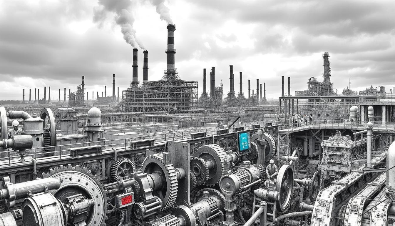 A sprawling industrial complex fills the frame, its skeletal metalwork and towering smokestacks silhouetted against a bleak, overcast sky. In the foreground, intricate gears, levers, and mechanical components suggest the inner workings of a vast assembly line, while in the middle ground, workers in protective gear toil amid the clanging machinery. Splashes of color - the red of a warning light, the azure of a control panel - punctuate the monochromatic palette, hinting at the technological complexity and economic stakes involved. The scene conveys a sense of both scale and precision, a visual representation of the "Wirtschaftliche und industrielle Auswirkungen" of the Eurofighter production surge.
