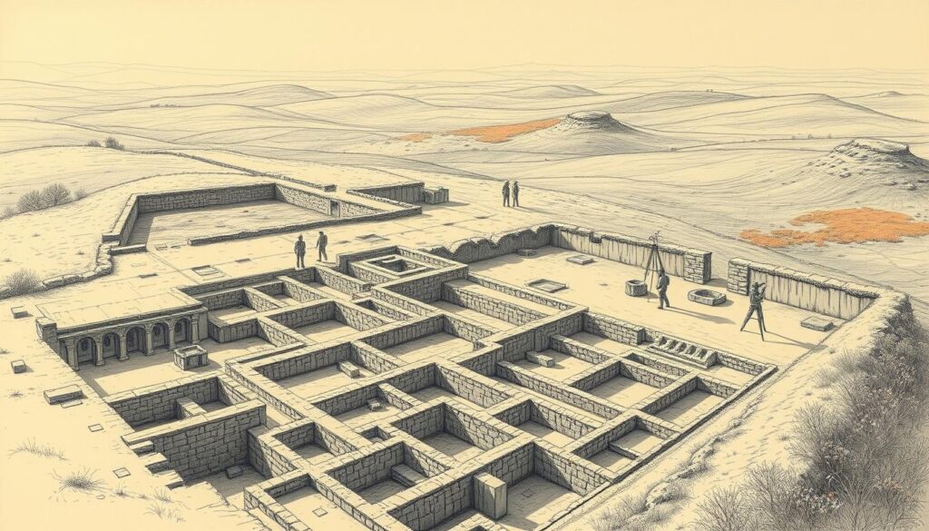 A sprawling, intricately detailed archaeological site nestled amidst rolling hills, illuminated by a soft, diffused light. In the foreground, carefully excavated ruins reveal the intricate stonework and earthen fortifications of an ancient settlement, rendered in precise, graphite-like strokes. The middle ground features surveyors meticulously mapping the site, their instruments casting long shadows across the terrain. In the distance, a hazy silhouette of the surrounding countryside, punctuated by muted splashes of earthy tones and the occasional vibrant wildflower. The overall atmosphere conveys a sense of reverence and scholarly investigation, inviting the viewer to ponder the mysteries and significance of this remarkable archaeological treasure.