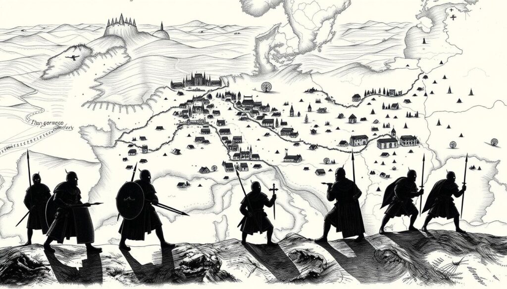 A sprawling map of the Germanic tribal kingdoms that emerged in the aftermath of the fall of the Roman Empire. In the foreground, the silhouettes of warrior-kings leading their armies, their armor and weapons rendered in intricate detail. In the middle ground, the outlines of fortified cities and sprawling settlements, the structures defined by stark, angular lines. In the background, a stylized landscape of rolling hills and winding rivers, rendered in a monochromatic palette with sparse, colorful highlights to evoke the rugged, untamed nature of the era. The overall composition conveys a sense of power, conflict, and the dawn of a new age in European history, with a striking use of light and shadow to create a dramatic, cinematic effect.