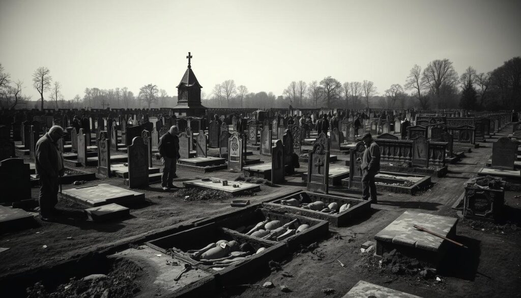A sprawling, meticulously excavated medieval cemetery, the Pestfriedhof Nürnberg stands as a somber testament to the horrors of the Black Death. Weathered gravestones and crumbling ossuary structures cast long shadows across the desaturated landscape, punctuated by the occasional burst of muted color - a wildflower, a shard of ceramic. Archaeologists, their tools and instruments scattered about, painstakingly uncover the remains of those lost to the plague, their expressions pensive, reverential. The muted tones and stark chiaroscuro lend a sense of weighty gravity to the scene, inviting contemplation on the fragility of life and the enduring mark of human tragedy.