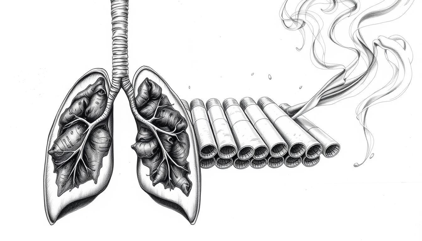 A stark black-and-white illustration depicting the hazardous consequences of smoking. In the foreground, a detailed anatomical diagram of diseased lungs, the alveoli blackened and inflamed, conveying the devastating impact on respiratory health. The middle ground features an array of cigarettes, their filters rendered in muted shades of gray, symbolizing the source of this harm. In the background, wisps of smoke curl and dissipate, hinting at the pervasive, insidious nature of this addiction. Accents of vibrant color, perhaps a warning label or icon, punctuate the otherwise monochromatic composition, underscoring the urgency of addressing this critical public health issue.