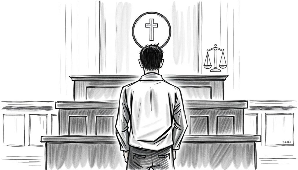 A stark, monochromatic illustration of a courtroom setting, with a lone figure standing before the judge's bench. The defendant's posture is tense, their face obscured by shadows, as they await the pronouncement of their probation conditions. Delicate color accents highlight the judge's gavel and the scales of justice, symbolizing the gravity of the moment. The scene is rendered in a somber, pencil-sketch style, conveying the solemn weight of the court's decision and its potential consequences.