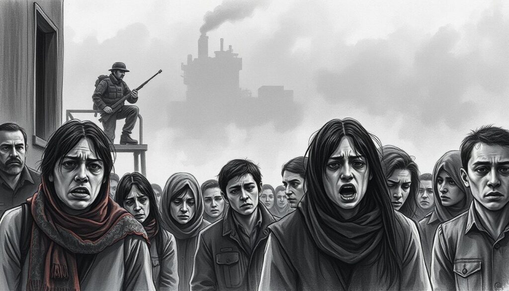 A stark, monochromatic scene depicting the emotional reactions of hostages in Israel. In the foreground, a group of distressed figures - some with fearful expressions, others with defiant glares. Muted tones of grey and charcoal, punctuated by splashes of muted color - a touch of red on a scarf, a flash of blue in a distant window. The middle ground shows a tense, uncertain atmosphere, with blurred silhouettes of onlookers and security personnel. The background is a hazy, industrial landscape, hinting at the larger sociopolitical context. Dramatic chiaroscuro lighting casts dramatic shadows, adding to the sense of unease. The overall impression is one of heightened emotion and precarious uncertainty, reflecting the section's focus on the Israeli response to the hostage situation.