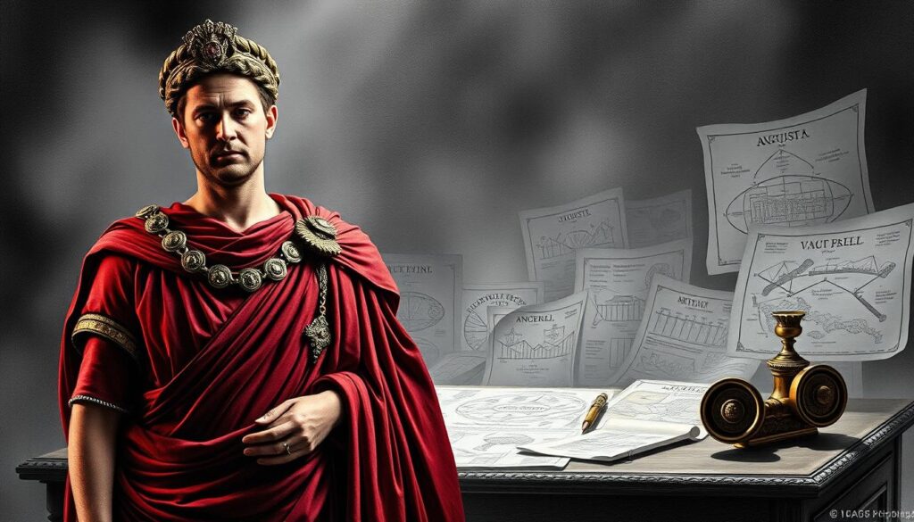 A stately Roman emperor, Augustus, stands in the foreground, his regal bearing and ornate attire commanding attention. Behind him, a tapestry of political and military strategies unfolds, with detailed diagrams, scrolls, and maps scattered across a grand desk. The scene is illuminated by a single, dramatic light source, casting deep shadows and highlighting the emperor's determined expression. The background is a hazy, monochromatic realm, with subtle hints of color accentuating key elements - the crimson of a senate robe, the golden gleam of a scepter, the verdant green of a laurel wreath. This powerful composition captures the essence of Augustus' reign, his mastery of statecraft, and the intricate web of Herrschaftstechniken that shaped the Roman Empire.