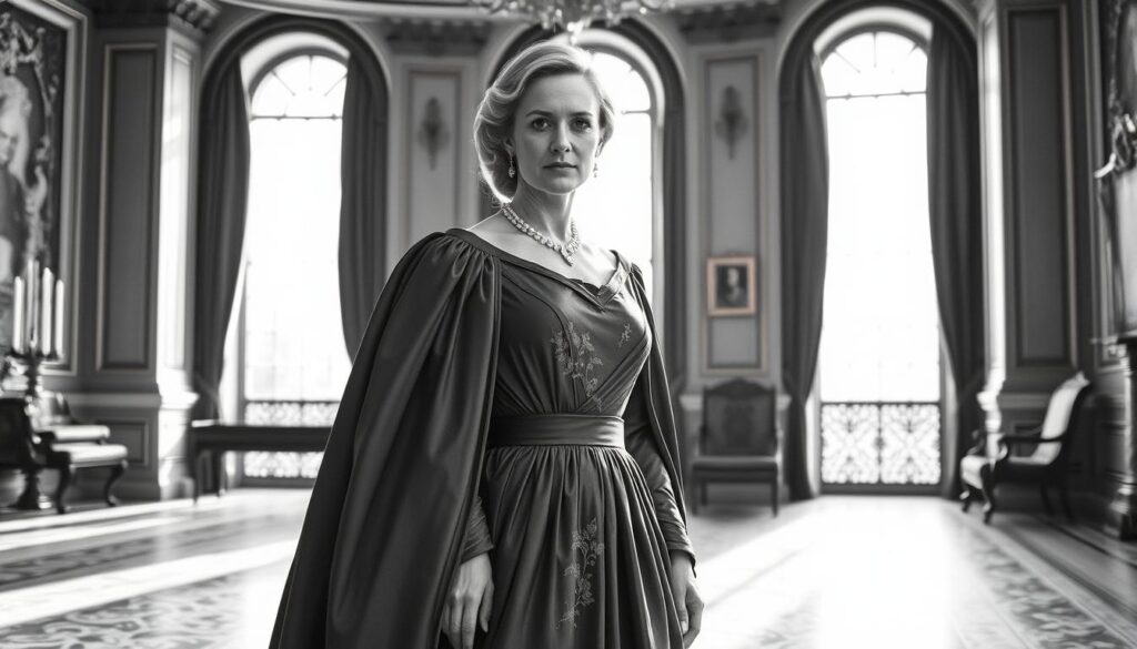 A stately figure stands in a grand, sun-lit chamber, adorned in a regal gown with precise creases and flowing lines. Intricate details on the dress suggest a delicate floral motif, adding a touch of elegance. The sitter's expression is one of poise and composure, befitting a person of noble status. Architectural elements in the background, such as tall arched windows and ornate furnishings, evoke a sense of history and tradition. The overall scene conveys a mood of quiet dignity and the weight of royal duties, rendered in a striking black-and-white palette with subtle pops of color highlighting key details.