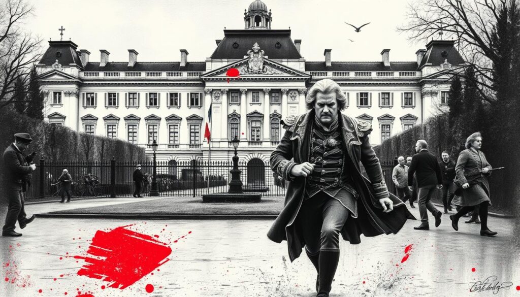 A stately palace in the background, its grand architecture cast in stark monochrome, with hints of color highlighting regal details. In the foreground, a figure in ornate attire - King Louis XVI - fleeing the scene, his expression one of urgency and trepidation. The mood is one of tension and upheaval, as the old order gives way to the birth of a new republic, symbolized by the bold, punctuated splashes of color amidst the somber tones. The composition captures a pivotal moment in history, a snapshot of the transition from constitutional monarchy to democratic rule.