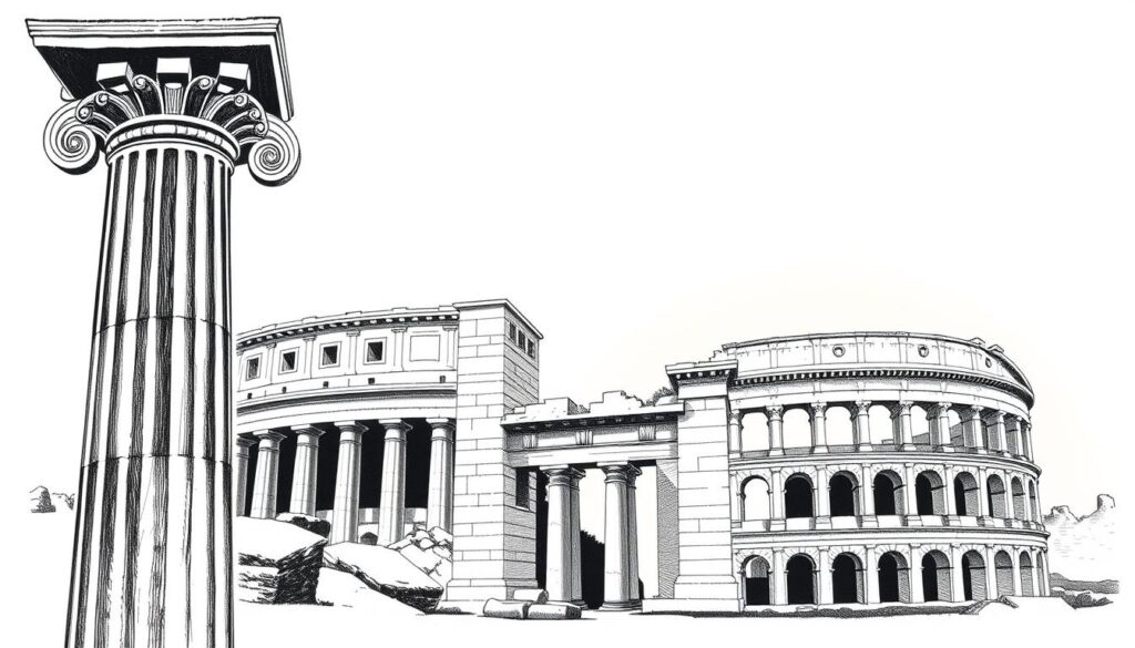 A striking black and white illustration showcasing the intricate functions of ancient architectural marvels. In the foreground, a detailed rendering of a Doric column's fluted shaft and precisely carved capital, highlighting the engineering prowess of Greek builders. In the middle ground, a cross-section of a grand Roman arch, revealing the precisely engineered load-bearing structure and the strategic placement of voussoirs. In the background, the silhouettes of iconic landmarks like the Parthenon and the Colosseum, their timeless forms casting dramatic shadows across the scene. Punctuated by subtle pops of color, such as the warm ochre of ancient bricks or the gleam of polished marble, this illustration captures the enduring brilliance of ancient architectural design and its profound influence on the built environment.