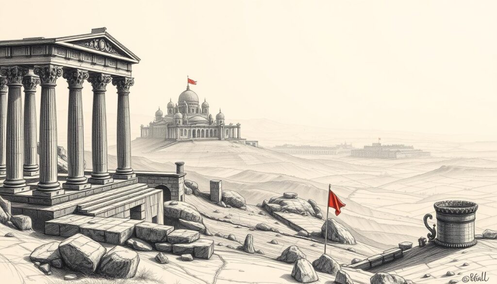 A sweeping landscape in muted shades of graphite, with the silhouette of an ancient kingdom rising majestically against the horizon. In the foreground, intricate sketches of ornate columns, intricate architectural details, and the weathered symbols of a fallen empire. The middle ground is a tapestry of rolling hills, punctuated by the occasional splash of color - a crimson flag, a golden crown, a glint of bronze. The background fades into a hazy, dreamlike expanse, hinting at the vastness and complexity of the Alexanderreich's legacy. Soft shadows and sharp highlights lend depth and dimension to this timeless vision, a testament to the enduring impact of this legendary civilization.