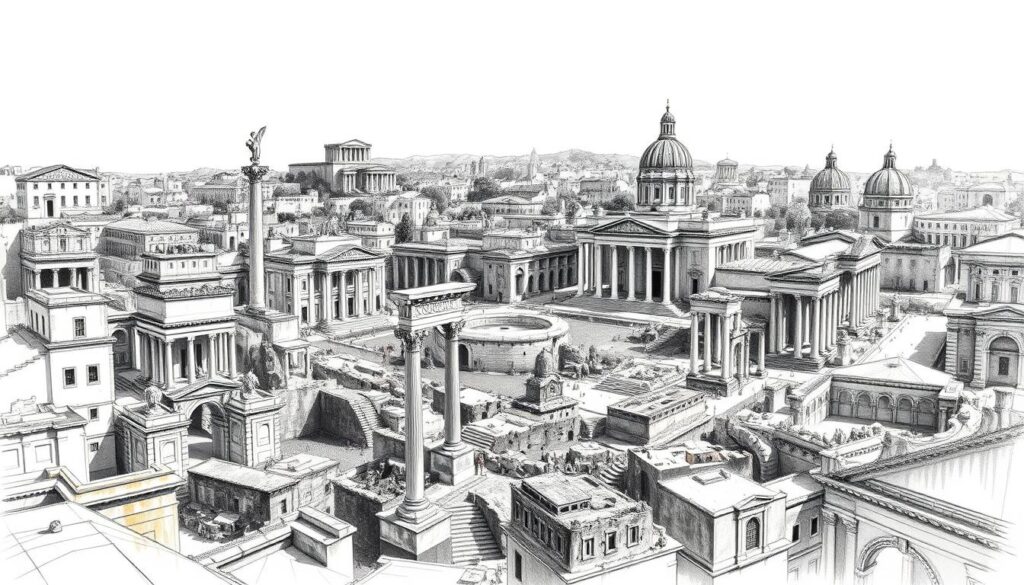 A sweeping panorama of the Roman Forum throughout the ages, captured in a timeless monochrome sketch with touches of color. Imposing ruins of ancient temples, triumphal arches, and basilicas stand as silent witnesses to the ebb and flow of Rome's storied past. Dramatic shadows and highlights convey the weight of history, while selective splashes of color draw the eye to architectural details and weathered textures. The scene evokes a sense of reverence and contemplation, inviting the viewer to explore the intricate layers of this iconic urban landscape.