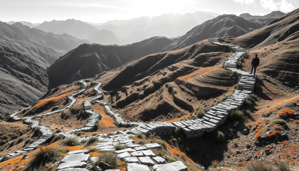 A sweeping vista of the ancient Inka Straßensystem Qhapaq Ñan, the extensive road network that connected the far reaches of the Inka Empire. Winding through rugged Andean terrain, the sturdy stone paths are rendered in crisp black-and-white, punctuated by occasional splashes of color - the ochre hues of earth, the verdant green of moss, the flash of a vibrant wildflower. Dramatic shadows cast by the high sun lend depth and texture, while the sense of monumental scale is conveyed through the inclusion of a solitary human figure, dwarfed by the sheer grandeur of this engineering marvel. This essential lifeline, the "Lebensader des Reiches," facilitated the movement of people, goods, and ideas across the vast Inka domains.
