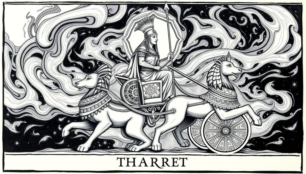 A tarot card depicting the Chariot, rendered in a striking black and white style with subtle pops of color. The central figure, a regal warrior, sits astride a majestic chariot pulled by two powerful sphinxes. Intricate patterns and geometric designs adorn the vehicle, lending an air of ancient mysticism. The background is filled with a swirling, ethereal energy, hinting at the card's deeper symbolic meaning of control, momentum, and the power of intuition. The overall composition conveys a sense of dynamism, determination, and the ability to navigate life's challenges with purpose and clarity.