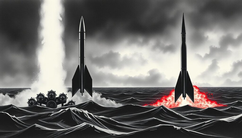 A tense, high-contrast scene of towering Soviet nuclear missiles silhouetted against a dramatic sky, casting ominous shadows over a turbulent seascape. The foreground is dominated by the sleek, angular shapes of the rockets, their metallic surfaces gleaming with an ominous sheen. The middle ground features a choppy, foreboding ocean, rendered in shades of charcoal and indigo, while the background is shrouded in an eerie, atmospheric haze, hinting at the global stakes and tension of the Cuban Missile Crisis. Subtle pops of color, such as the fiery glow of the rocket engines or the ominous red of warning lights, punctuate the otherwise monochromatic palette, heightening the sense of impending danger and the precarious balance of power. A tense, high-contrast scene of towering Soviet nuclear missiles silhouetted against a dramatic sky, casting ominous shadows over a turbulent seascape. The foreground is dominated by the sleek, angular shapes of the rockets, their metallic surfaces gleaming with an ominous sheen. The middle ground features a choppy, foreboding ocean, rendered in shades of charcoal and indigo, while the background is shrouded in an eerie, atmospheric haze, hinting at the global stakes and tension of the Cuban Missile Crisis. Subtle pops of color, such as the fiery glow of the rocket engines or the ominous red of warning lights, punctuate the otherwise monochromatic palette, heightening the sense of impending danger and the precarious balance of power.