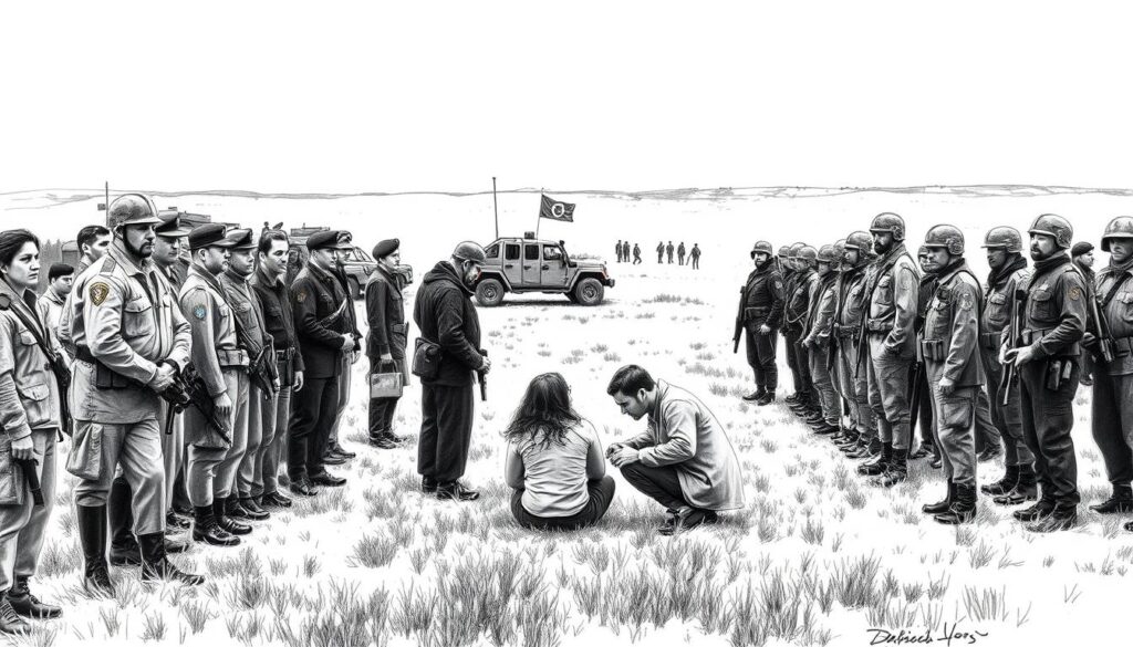 A tense yet orderly exchange, as two groups face each other across an open field. Uniformed figures from both sides, their expressions somber, standing in a choreographed tableau. In the foreground, a small group of freed hostages, their faces etched with relief, are being attended to by medical personnel. The background is a stark landscape, punctuated by the muted tones of military vehicles and the watchful gaze of armed guards. The scene is rendered in stark black and white, save for the occasional splash of color – a bandage, a flag, a glint of metal. A charged moment captured in time, the weight of history palpable in every detail.