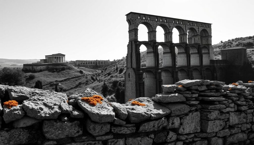 A towering Roman aqueduct, its arches spanning a verdant valley, with a weathered temple silhouetted against the horizon. In the foreground, a crumbling stone wall, its texture captured in stark black and white, punctuated by hints of warm ochre. Sunlight filters through the scene, casting long shadows and highlighting the intricate architectural details. The overall mood is one of timeless resilience, a testament to the enduring legacy of Roman engineering and design.