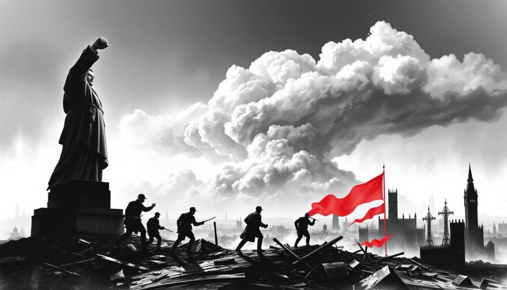 A towering figure, clenched fist raised, symbolizing the fervent nationalism that ignited the tensions leading to the First World War. In the middle ground, figures clash, their shadows cast across a landscape of crumbling infrastructure, a metaphor for the social and political unrest. In the background, a looming cloud of conflict, its edges tinged with hints of color, foreshadowing the tumultuous events to come. The scene is rendered in a stark black and white palette, with selective bursts of color drawing the eye to the key elements, evoking the gravity and intensity of the era.