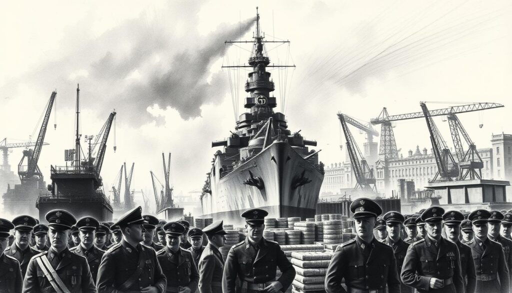 A towering, foreboding German battleship dominates the center, its massive guns and imposing silhouette casting a shadow over a bustling naval dockyard. In the foreground, uniformed officers oversee the meticulous loading of ammunition and supplies, their faces stern with purpose. The background is filled with the activity of shipbuilders, cranes, and the imposing facades of shipyards, all rendered in a dramatic chiaroscuro of graphite and charcoal, punctuated by the gleam of brass fittings and the flash of steel. The overall atmosphere conveys a sense of power, ambition, and the relentless drive for military might that characterized the reign of Kaiser Wilhelm II.