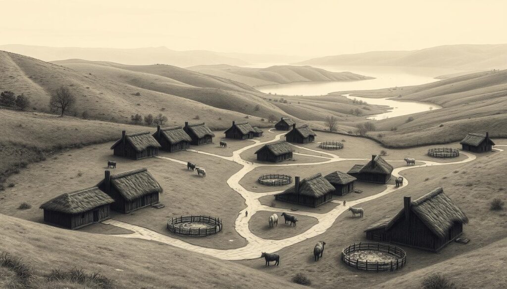 A tranquil Bronze Age settlement nestled amid rolling hills, its structures etched in muted charcoal tones. Thatched roofs crown simple, geometric dwellings, punctuated by occasional pops of earthen hue. Winding pathways connect the homesteads, flanked by stockades and pens where livestock graze. In the distance, a gently flowing river reflects the muted palette, while the sky above is a soft, diffused gradient. This scene, captured through a lens of antiquity, evokes the timeless rhythm of life in Bronze Age Europe, where progress and trade shaped the contours of society.
