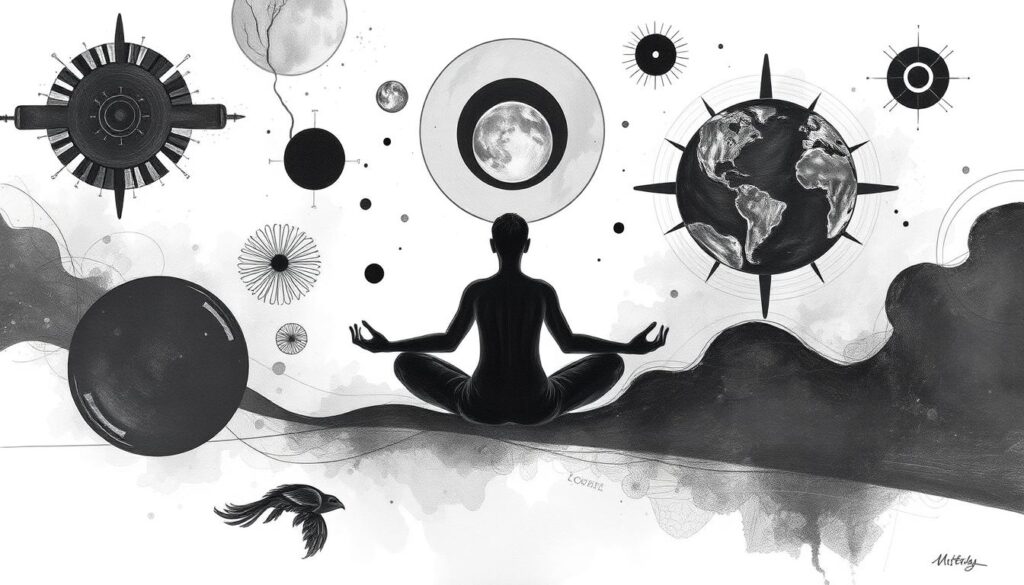 A tranquil and meditative scene of self-reflection, with a serene figure seated in a pensive pose, surrounded by abstract shapes and patterns in a black and white palette with subtle pops of color. The composition evokes a sense of inner contemplation, with the figure's gaze directed inward, creating an atmosphere of introspection and personal growth. Soft, diffused lighting casts gentle shadows, guiding the viewer's eye towards the central subject. Layered, ethereal elements in the background suggest the exploration of the subconscious mind, inviting the viewer to engage in a journey of self-discovery and inner clarity.