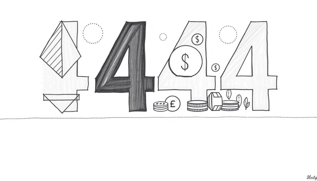 A tranquil, minimalist composition depicting the symbolic "Engelszahl 444" with a focus on personal finance and money. In the foreground, a serene arrangement of geometric shapes and patterns evokes a sense of stability and clarity, rendered in shades of black and white with subtle pops of color highlighting key elements. The middle ground features a stylized, simplified representation of currency, coins, and financial symbols, seamlessly integrated into the overall design. The background maintains a clean, uncluttered space, allowing the central motifs to command attention and convey a sense of intentionality and focus. The overall mood is one of clarity, balance, and the power of the number 444 to guide and empower financial wellbeing.