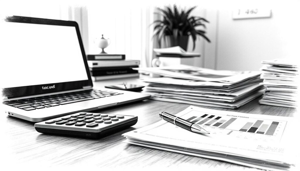 A tranquil office scene, the soft glow of a laptop illuminating a workspace in shades of monochrome. Stacks of documents, a pen resting on a ledger, a calculator nearby - the tools of a financial professional's trade. Pops of color accent the scene, a vibrant chart or graph, a hint of a financial report. The atmosphere is contemplative, the weighted considerations of career and finance captured in a moment of quiet reflection. The perspective is slightly elevated, inviting the viewer to consider the nuances of this pivotal juncture. Pencil-sketch style rendering, with purposeful shadows and highlights, a sense of the thoughtful process at hand.