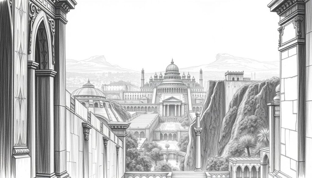 A vast and imposing cityscape rises before the viewer, the towering walls and grand structures of the ancient Babylon reaching skyward. In the foreground, intricate stone carvings and ornamental archways frame the scene, their sharp edges and precise details rendered in bold, expressive strokes of graphite. The middle ground is dominated by a sprawling palace complex, its tiered towers and ornate domes a testament to the city's former glory, rendered in shades of gray with subtle hints of color in the metallic accents and decorative elements. In the distance, the legendary Hanging Gardens cling to the hillsides, their lush foliage and cascading waterfalls adding a touch of verdant life to the otherwise monochromatic landscape. The entire scene is bathed in a somber, contemplative mood, capturing the weight of history and the bittersweet legacy of a fallen empire.