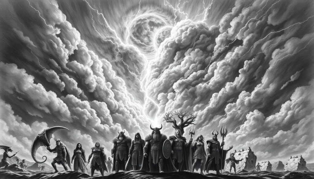 A vast, looming sky shrouded in foreboding clouds, streaks of lightning illuminating the scene. In the foreground, the imposing figures of the Norse gods - Odin, Thor, and their kin - stand resolute, their expressions grim as they face the coming Ragnarök, the prophesied twilight of the gods. Swirling around them, the symbolic elements of Norse mythology - the world-serpent, the Valkyries, the mighty Yggdrasil tree - all converge, hinting at the epic battle to come. Rendered in a striking black and white palette, with occasional flashes of color accentuating the mythic power of the scene.
