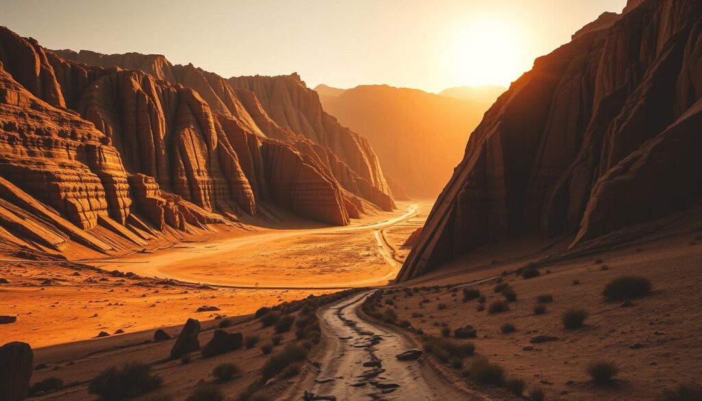 A vast, majestic landscape unfolds, the imposing cliffs of the Valley of the Kings standing sentinel over the ancient necropolis. The sun's golden rays cast a warm, reverent glow, illuminating the stark, weathered rock formations that have borne witness to the secrets of the Egyptian underworld. In the foreground, a narrow path winds its way through the arid terrain, inviting the viewer to explore the hallowed ground where the pharaohs of old were laid to rest. The scene is rendered in a striking monochrome palette, with only the occasional splash of color, evoking the timeless, mystical nature of this legendary site. Towering over all, the Theban hills rise majestically, their rugged silhouettes framing the historic scene with a sense of timeless grandeur.