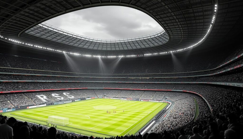 A vast, meticulously-detailed football stadium, its grandstands filled with spectators eagerly awaiting the start of the 2026 FIFA World Cup. The scene is rendered in a striking black and white palette, with pops of vibrant color highlighting key elements - the players warming up on the lush green pitch, the striking silhouettes of the stadium architecture, the flashes of team colors in the crowd. The lighting is dramatic, with deep shadows and highlights that convey a sense of scale and grandeur. The composition emphasizes the sheer size and scope of this historic tournament, the pinnacle of international football. Precise technical details bring the image to life, from the intricate patterns of the seats to the textured surfaces of the players' uniforms. An atmosphere of anticipation and excitement permeates the scene, setting the stage for the greatest World Cup in history.