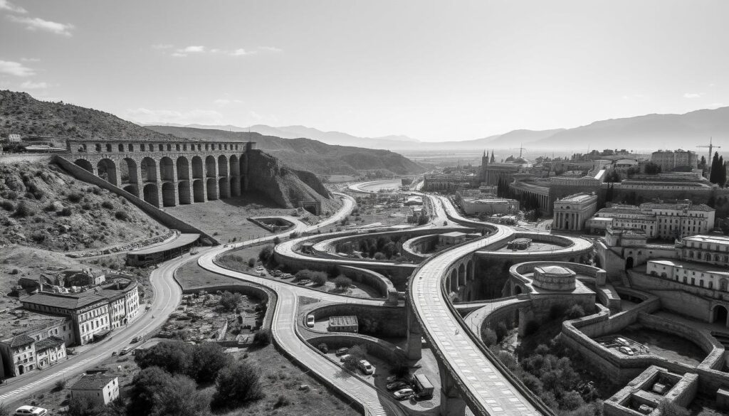 A vast network of Roman roads, their smooth stone surfaces winding through rugged landscapes. Towering aqueducts carrying life-giving water, their elegant arches silhouetted against the sky. Bustling ports, their quays lined with sturdy piers and jetties, facilitating the flow of goods and people. An intricate tapestry of engineering marvels, the foundation upon which the Roman Empire's power and prosperity were built. Captured in a timeless monochrome palette, with strategic pops of color highlighting the mastery of Roman infrastructure – the lifeblood that sustained an empire. A vast network of Roman roads, their smooth stone surfaces winding through rugged landscapes. Towering aqueducts carrying life-giving water, their elegant arches silhouetted against the sky. Bustling ports, their quays lined with sturdy piers and jetties, facilitating the flow of goods and people. An intricate tapestry of engineering marvels, the foundation upon which the Roman Empire's power and prosperity were built. Captured in a timeless monochrome palette, with strategic pops of color highlighting the mastery of Roman infrastructure – the lifeblood that sustained an empire.