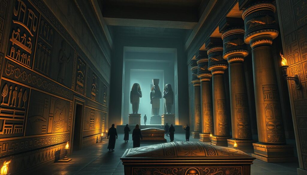 A vast, shadowy temple interior, dimly lit by flickering torchlight. In the foreground, intricate hieroglyphic symbols and mystical motifs carved into the ancient stone walls - ankhs, scarabs, and the all-seeing eye of Horus. Towering columns support the soaring ceiling, their surfaces adorned with images of gods and goddesses. The middle ground reveals a procession of robed figures, carrying ceremonial objects as they make their way towards an ornate sarcophagus, its surface gleaming with hints of gold. In the background, the faint silhouettes of towering statues loom, their austere expressions conveying the solemnity of the Afterlife beliefs. The overall scene evokes a sense of reverence, tradition, and the eternal cycle of life and death that permeated the Egyptians' worldview.