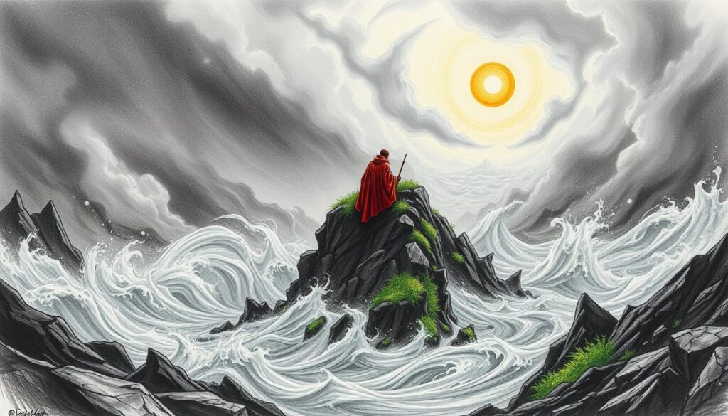 A vast, swirling deluge engulfs a rugged, windswept landscape, as Deukalion and Pyrrha, the sole survivors of the Greek mythological flood, cling to a solitary peak amidst the churning waters. Shades of graphite and charcoal capture the brooding, tempestuous atmosphere, punctuated by bold splashes of color - the golden glow of a distant sun, the crimson of a weathered cloak, the emerald of lush vegetation clinging to higher ground. The scene evokes a sense of awe and reverence, a testament to the power and capriciousness of the gods, and the resilience of those who persevere in the face of nature's wrath.