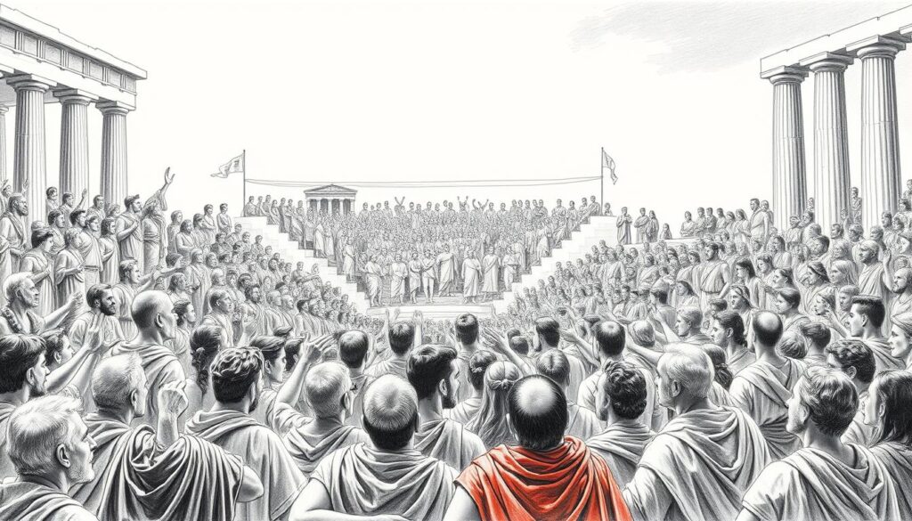 A vibrant scene of ancient Athenian political engagement. In the foreground, a gathering of citizens deep in impassioned debate, their gestures and expressions captured in meticulous detail. The middle ground reveals an amphitheater-like setting, tiered seating filled with a diverse array of participants, some raising their hands to voice their opinions. In the background, the iconic silhouettes of ancient Greek architecture, columns and pediments, lend a sense of historical gravitas. The entire composition is rendered in a striking black and white palette, with subtle splashes of color - perhaps a vibrant cloak or a gleam of bronze - drawing the eye to key elements. The mood is one of dynamic democracy, as the people of Athens actively shape the course of their city-state.