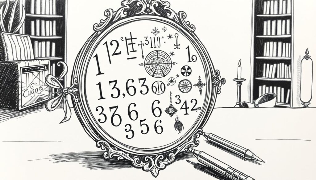 A visually captivating illustration of "Spiegelzahlen Deutung Anleitung" - a detailed black and white sketch with strategic pops of color. The foreground features an ornate, hand-drawn mirror reflecting a series of numerals, each with a unique symbolic interpretation. The middle ground showcases a collection of esoteric mystical symbols and divination tools, hinting at the deeper significance. In the background, a minimalist yet atmospheric setting, perhaps a dimly lit study or library, sets the tone of introspection and spiritual exploration. The lighting is soft, casting gentle shadows that add depth and dimension. The overall mood is one of thoughtful contemplation, guiding the viewer through the nuanced meaning of mirrored numbers.