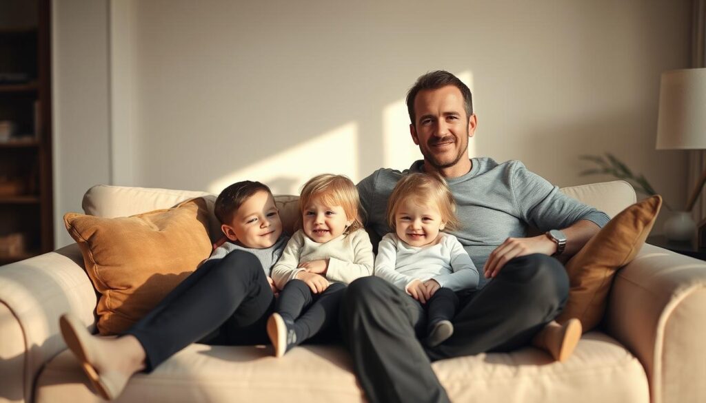 A warm, intimate family portrait of Blake Lively, her husband Ryan Reynolds, and their two young children, all dressed casually and relaxed, seated together on a plush sofa in a cozy, sunlit living room. Soft, diffused lighting creates a gentle, sentimental mood, with muted tones of black, white, and a few subtle pops of color. The composition is balanced, with the family members positioned naturally, their expressions conveying a sense of domestic bliss and private happiness. The background is slightly blurred, keeping the focus on the intimate family dynamic.
