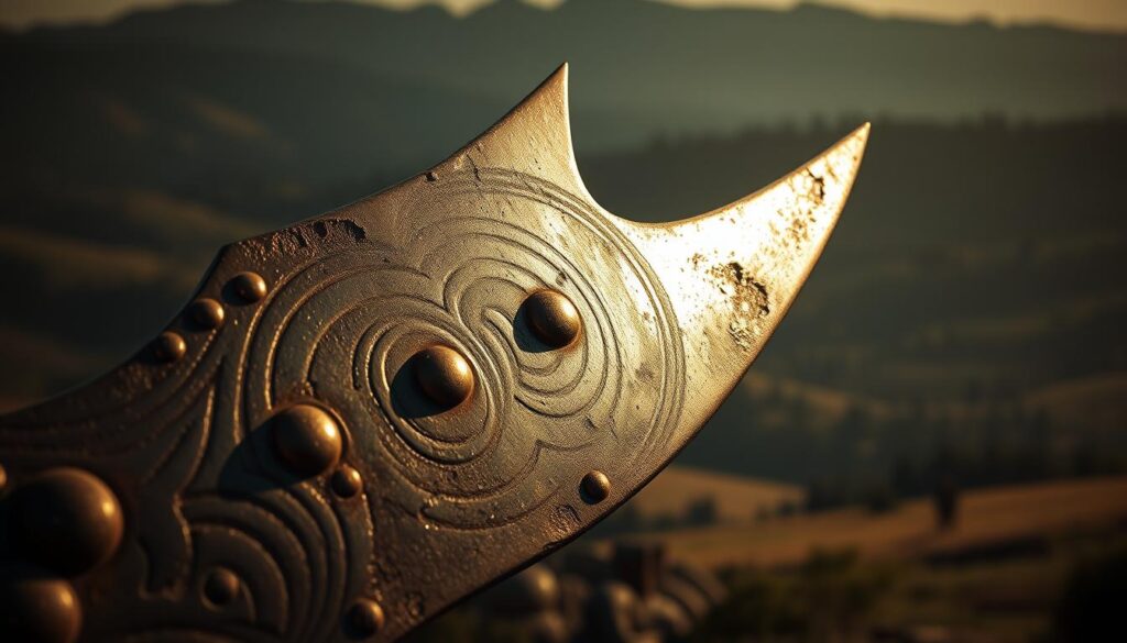 A weathered bronze weapon, its surface burnished with the passage of time. Intricate patterns of swirling copper and tin alloy, the revolutionary metallurgical blend that defined the Bronze Age. Sunlight glints off the razor-sharp edges, casting a warm glow on the intricate details - the grooves, the rivets, the subtle sheen. In the background, a hazy landscape of rolling hills and distant forests, hinting at the tumultuous history these weapons witnessed. The scene is rendered in a moody, dramatic chiaroscuro, with muted tones and selective pops of color, evoking the weight and significance of this revolutionary bronze technology.
